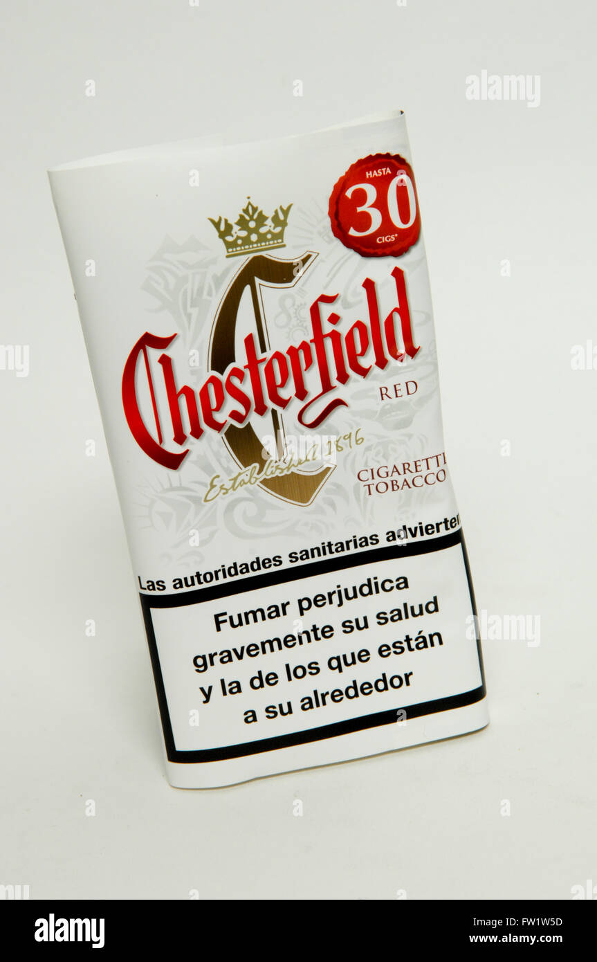 Chesterfield Red Hand Rolling Tobacco Packet taken on white background. Stock Photo