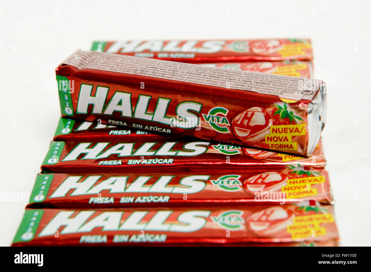 Halls cough drops on plain white background Stock Photo Alamy