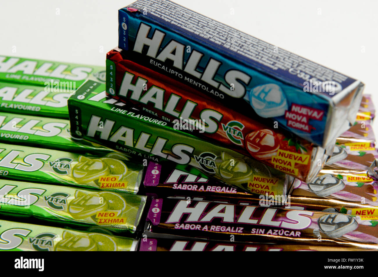 Halls mentholated cough drop,a brand name made by Mondelēz International,  Cadbury Stock Photo - Alamy