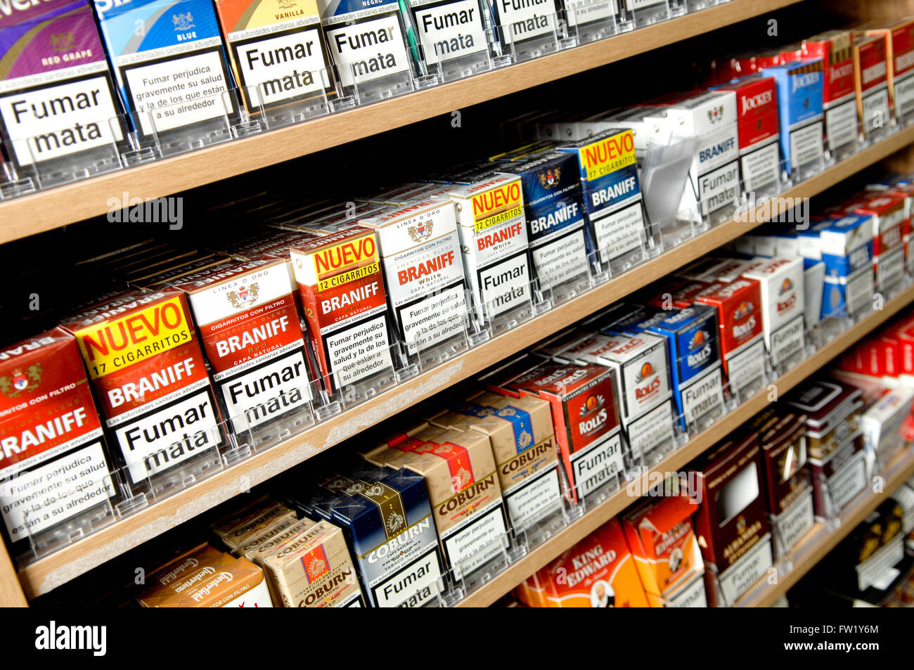 Selection of Cigarettes on sale in a tobacconist Stock Photo