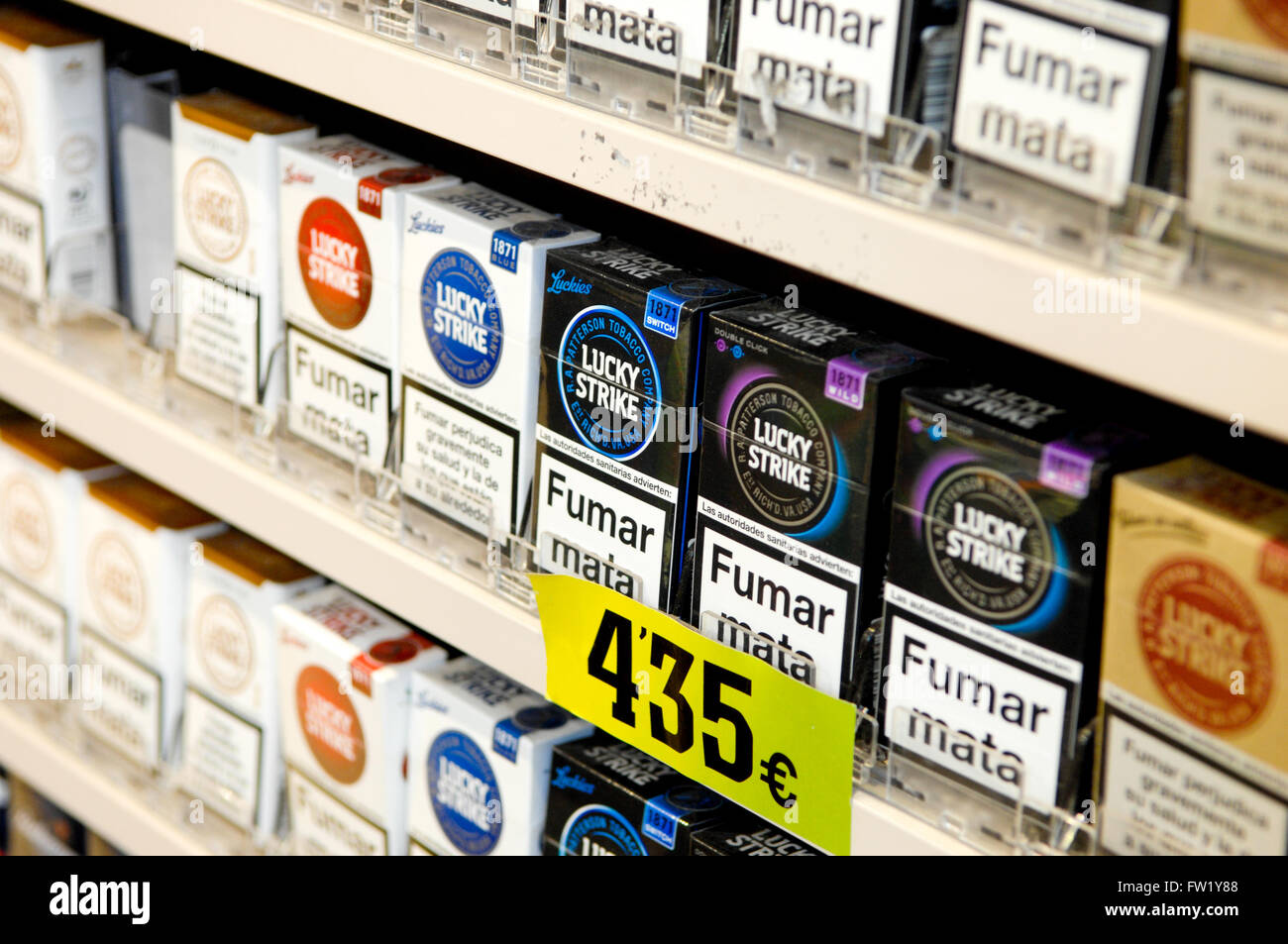 Selection of Lucky Strike Cigarettes on sale in a tobacconist