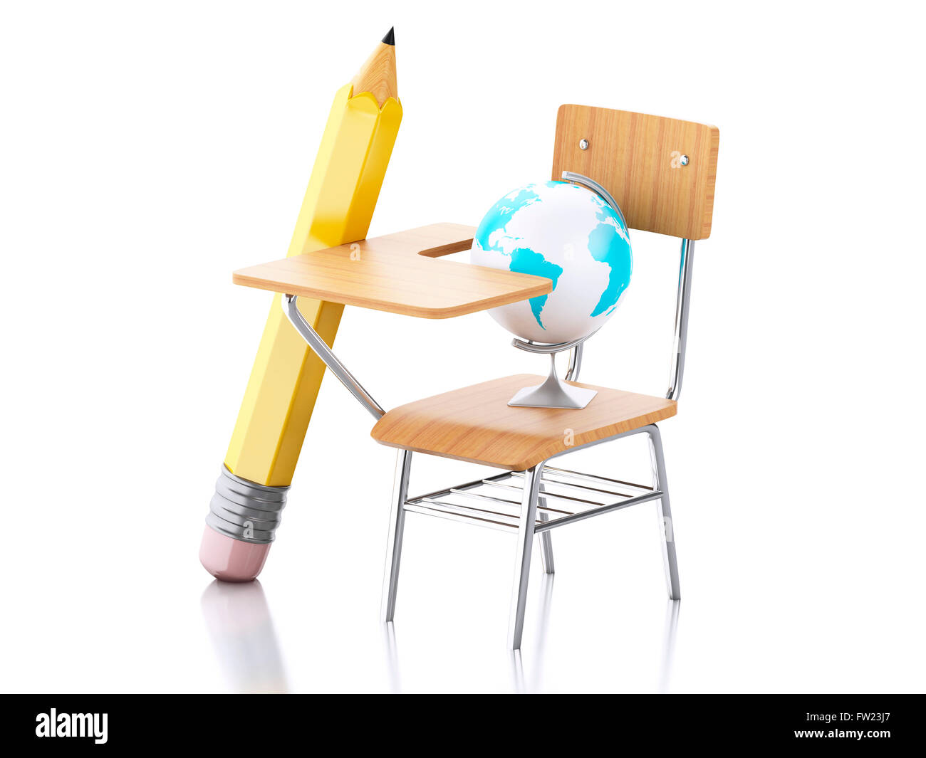 3D Illustration. School desk, pencil, chair and globe. Education concept. Isolated white background. Stock Photo