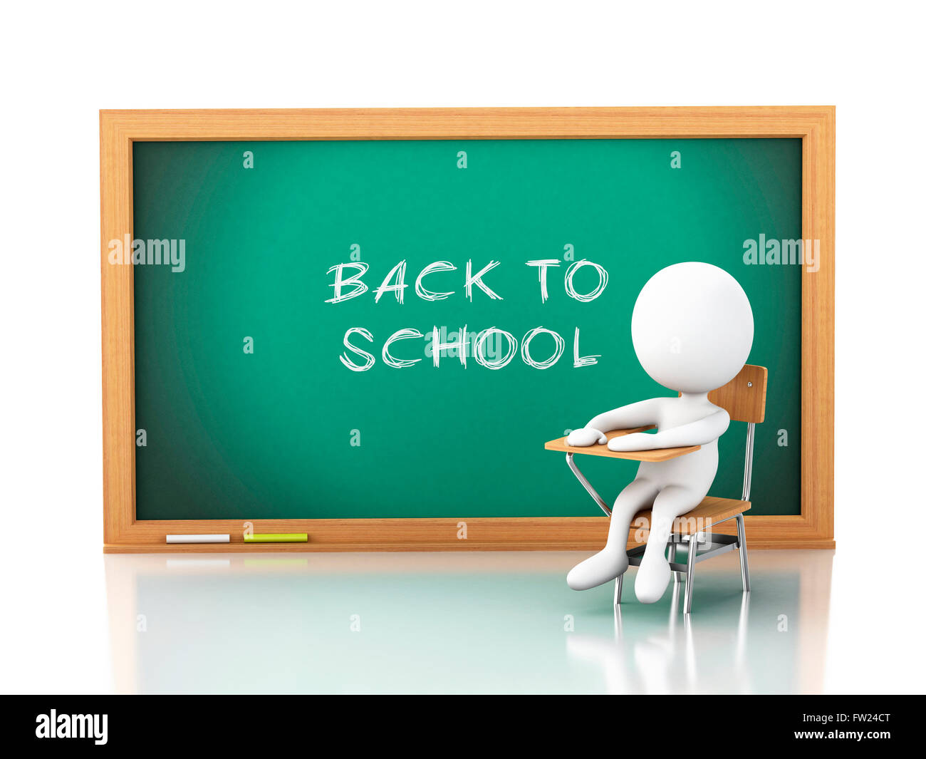 3D Illustration. White people with school chair and blackboard. Education concept. Isolated white background. Stock Photo