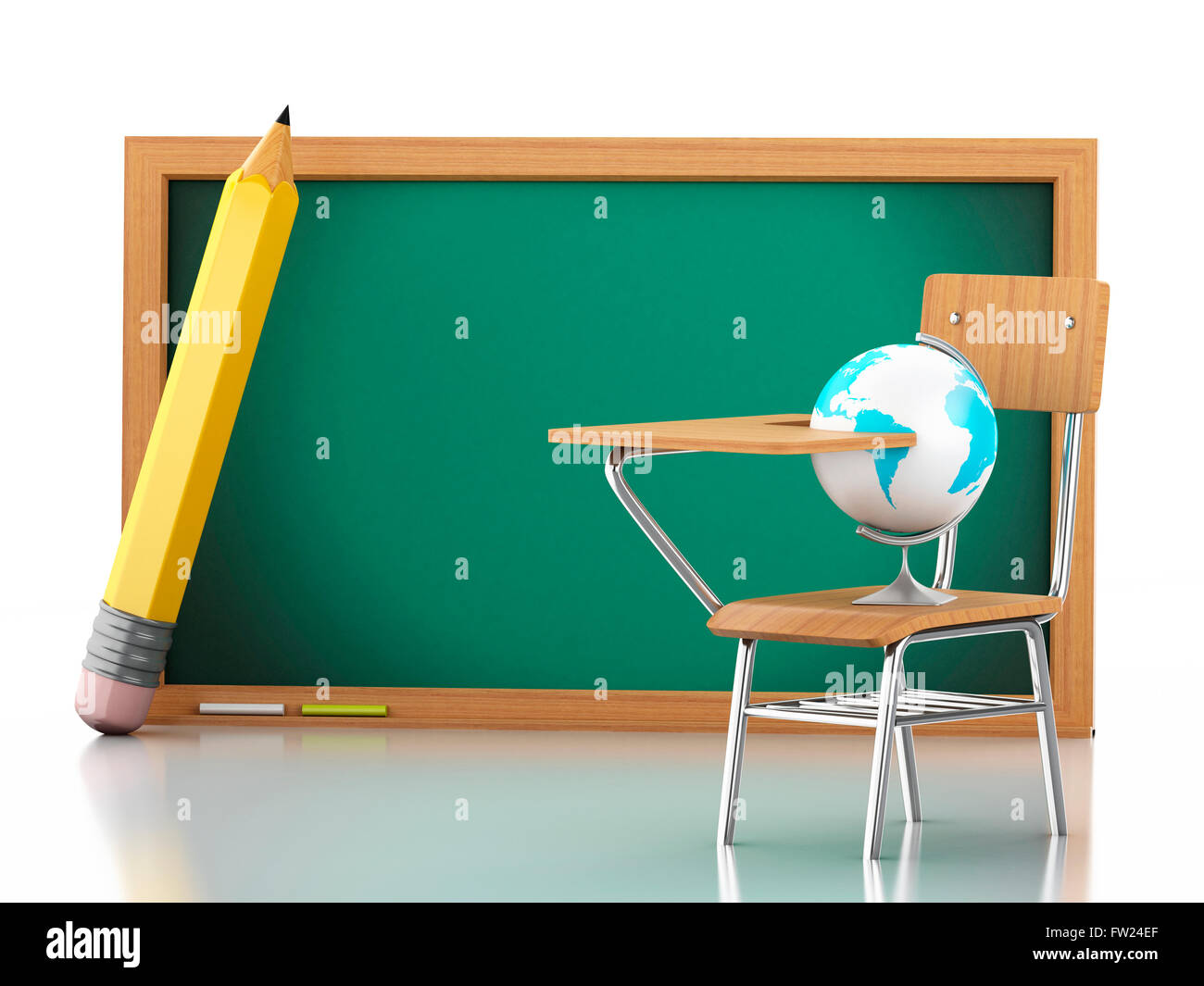 3D Illustration. White people with school desk, globe and blackboard. Education concept. Isolated white background. Stock Photo