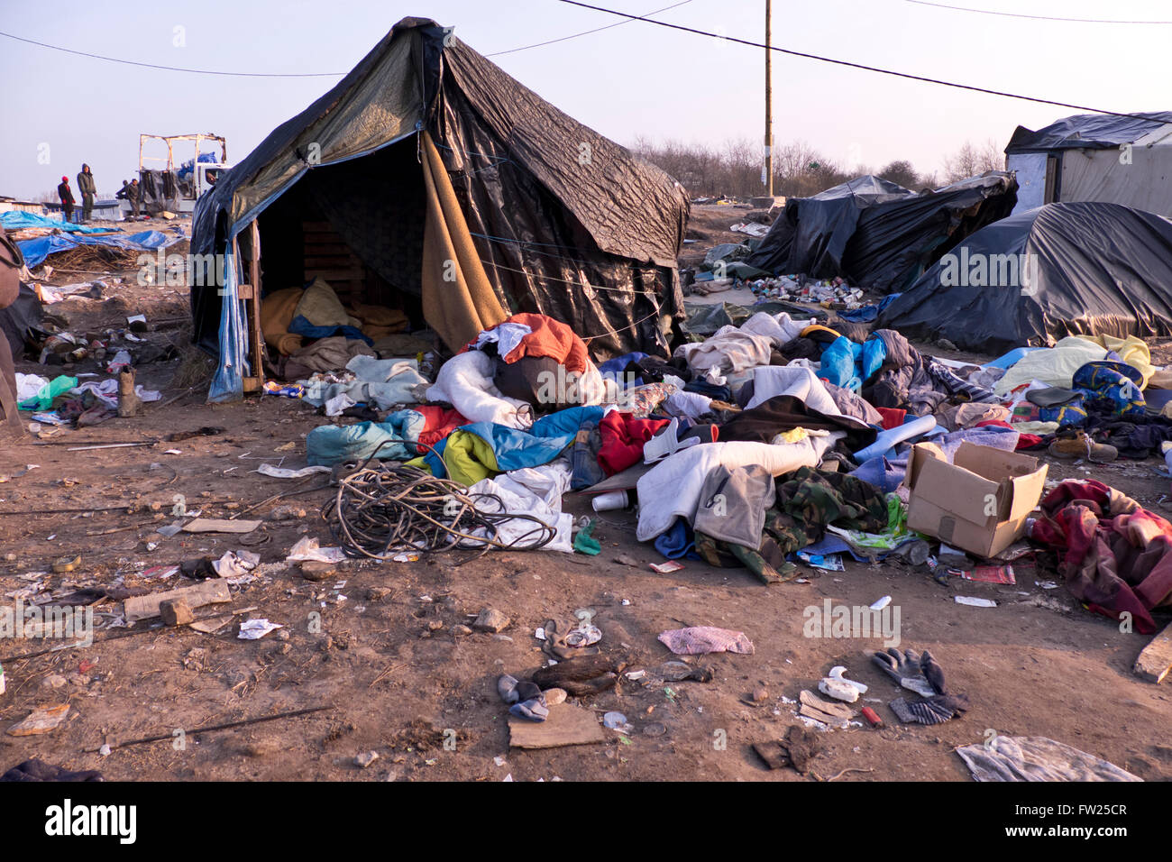 The Jungle refugee & migrant camp in Calais France where thousands of refugees have lived in muddy and squalid condition hoping Stock Photo