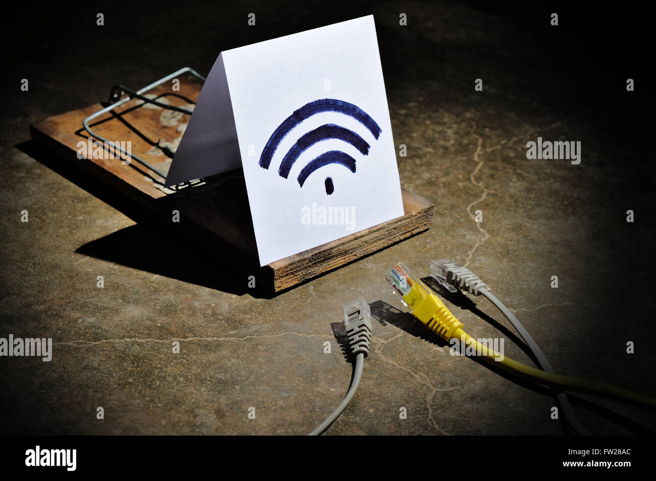 The dangers of free wi-fi. Cyber crimes and hacking networks Stock Photo