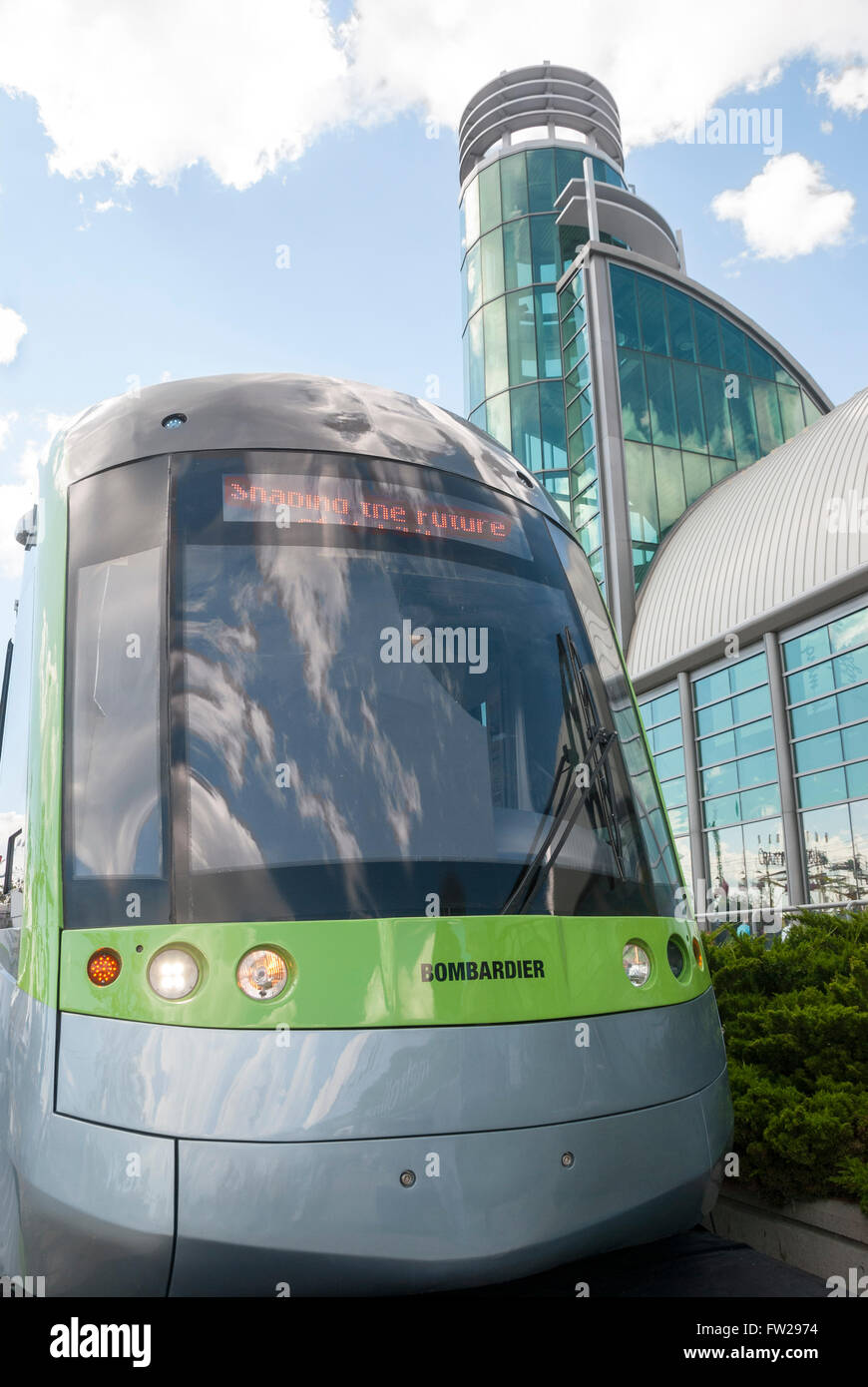 A mock up of Bombardier's Flexity Outlook, an example of Toronto's planned new streetcar fleet at the CNE in Toronto Canada. Stock Photo