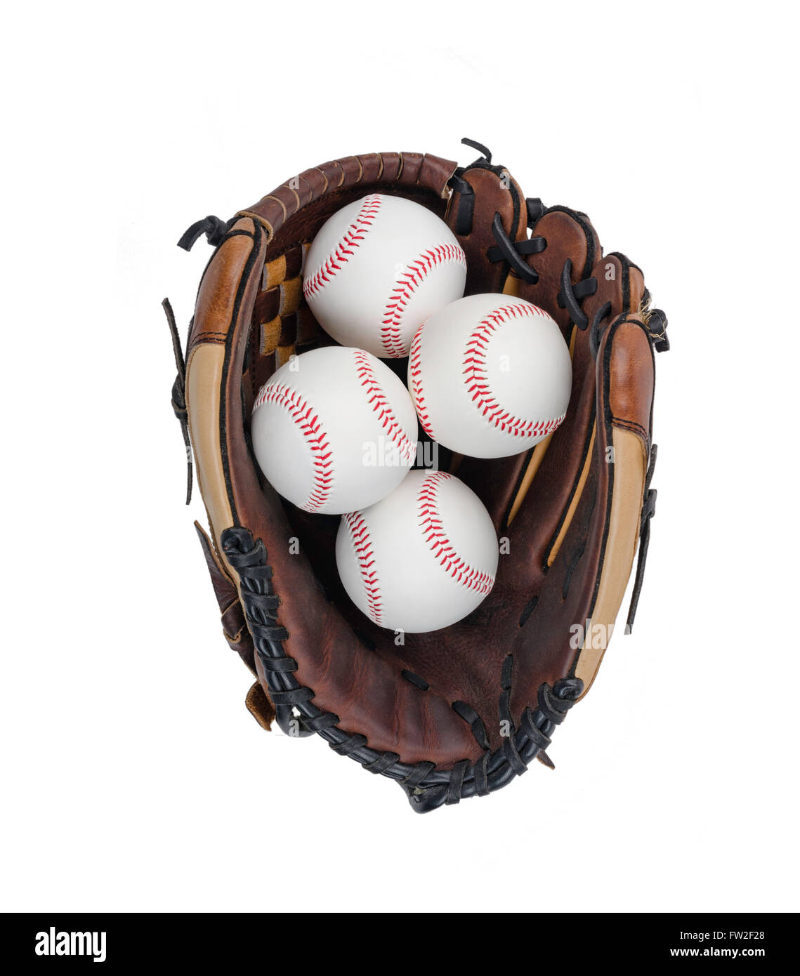 Baseball Glove with Four Baseballs Isolated on White Background. Stock Photo