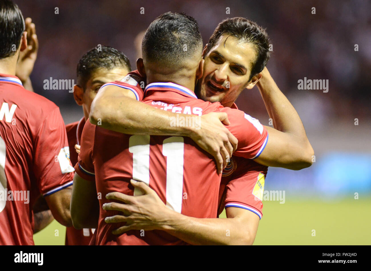 Celso Borges and Johan Venegas celebrate after third goal. FIFA World Cup™ Qualifiers.  The game between Costa Rica and Jamaica Stock Photo