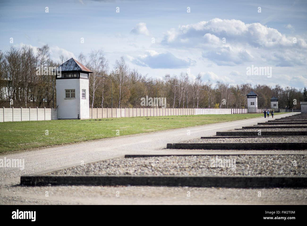 Watch towers and rest of the barracks in Dachau concentration camp Stock Photo