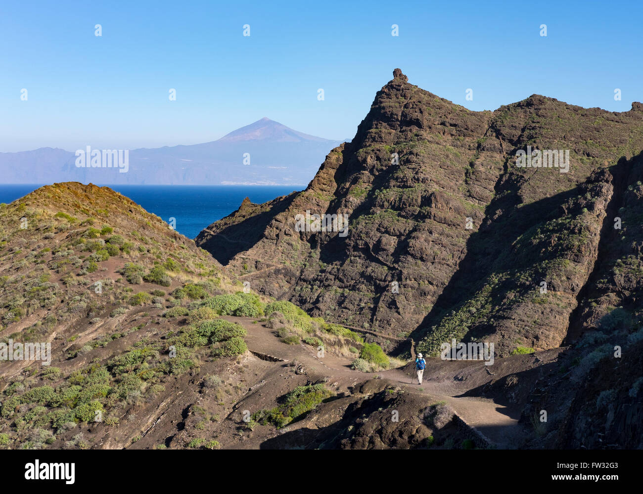 Punta San Lorenzo near Hermigua, La Gomera, Tenerife in the back, Canary Islands, Spain Stock Photo
