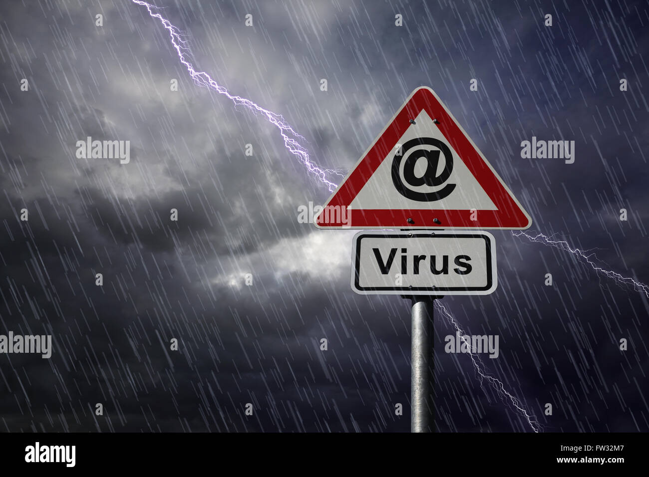 @ symbol and Virus road signs againt a rainy sky with lightning Stock Photo