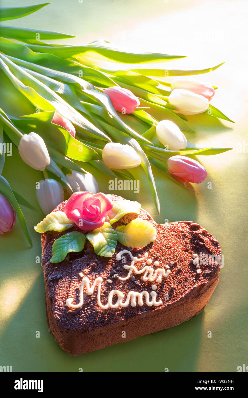 Chocolate cake with lettering that says Für Mami, For Mum on Mother's Day with flowers Stock Photo