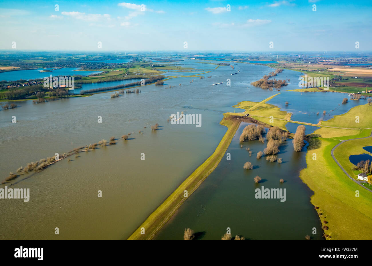 Aerial view of the Rhine floods, Wesel, Niederrhein, North Rhine-Westphalia, Germany Stock Photo
