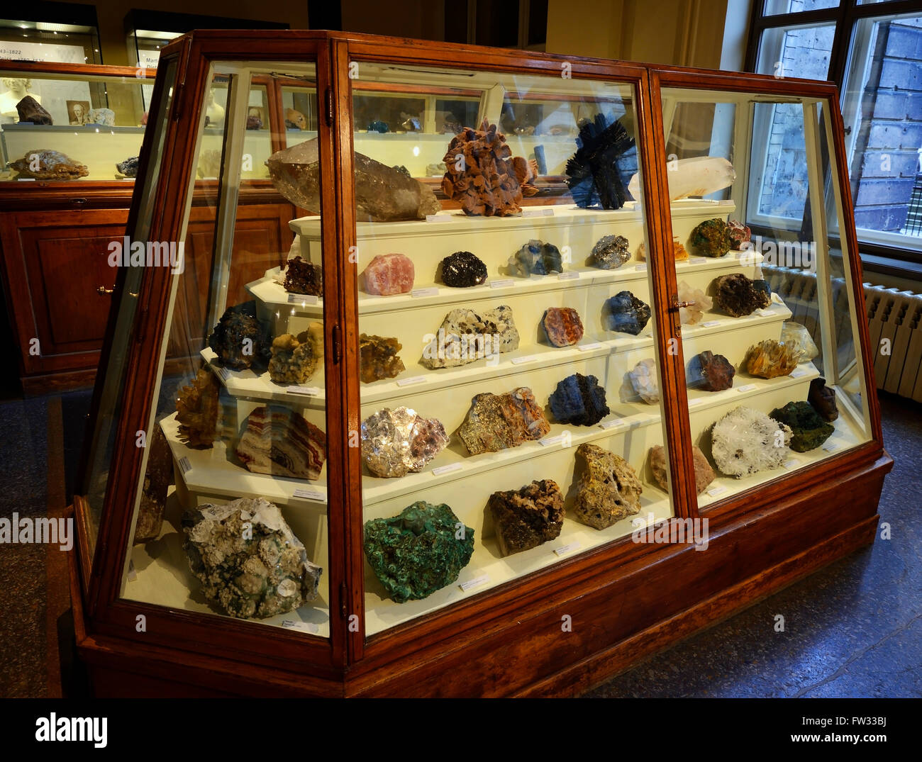 Various minerals in glass cabinets, Naturkundemuseum, Natural history museum, Berlin, Germany Stock Photo