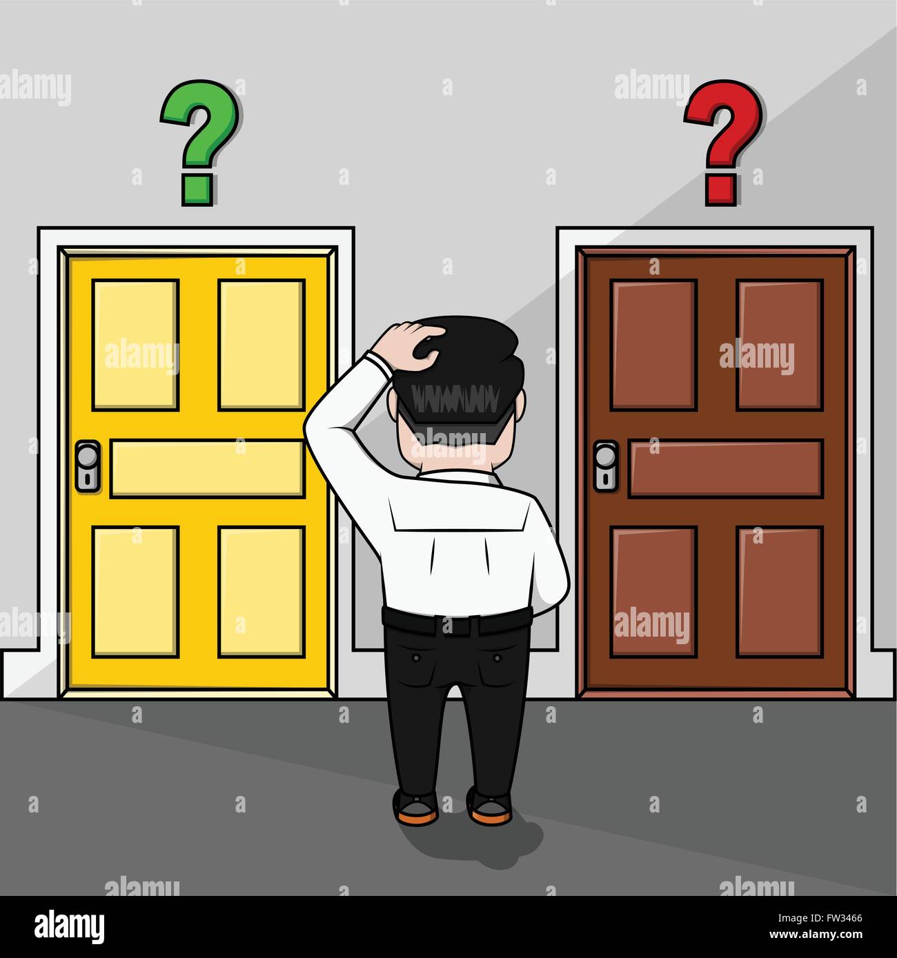 Business man confused choosing door Stock Vector