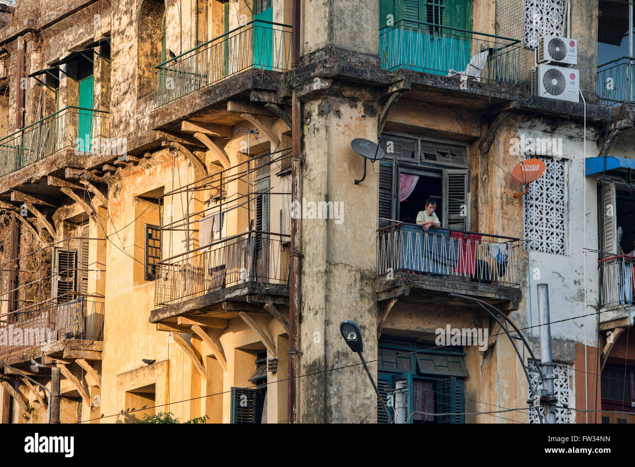 Crumbling old colonial apartments in Yangon, Myanmar Stock Photo Alamy