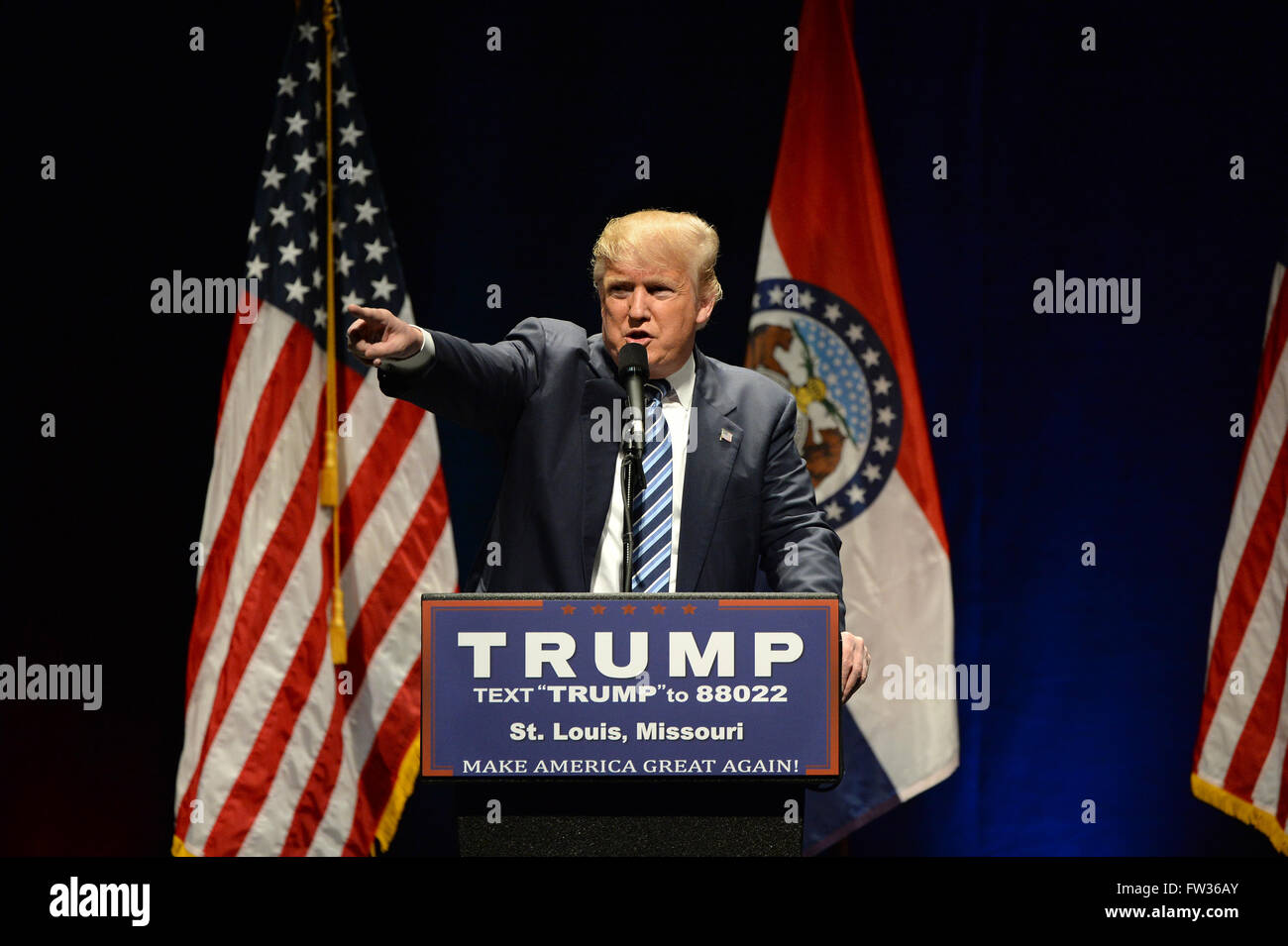 Saint Louis, MO, USA – March 11, 2016: Donald Trump talks to supporters at the Peabody Opera House in Saint Louis, Missouri. Stock Photo