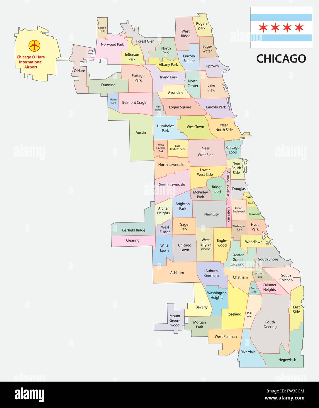 chicago neighborhood map with flag Stock Vector