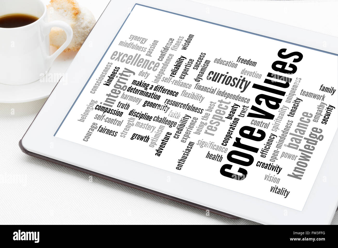 word cloud of possible core values on a digital tablet with a cup of coffee Stock Photo