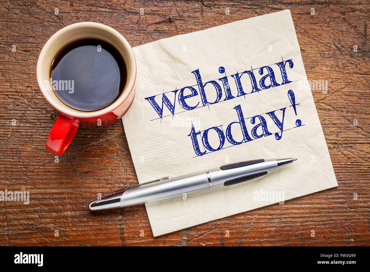 webinar today reminder - handwriting on a napkin with cup[ of coffee Stock Photo