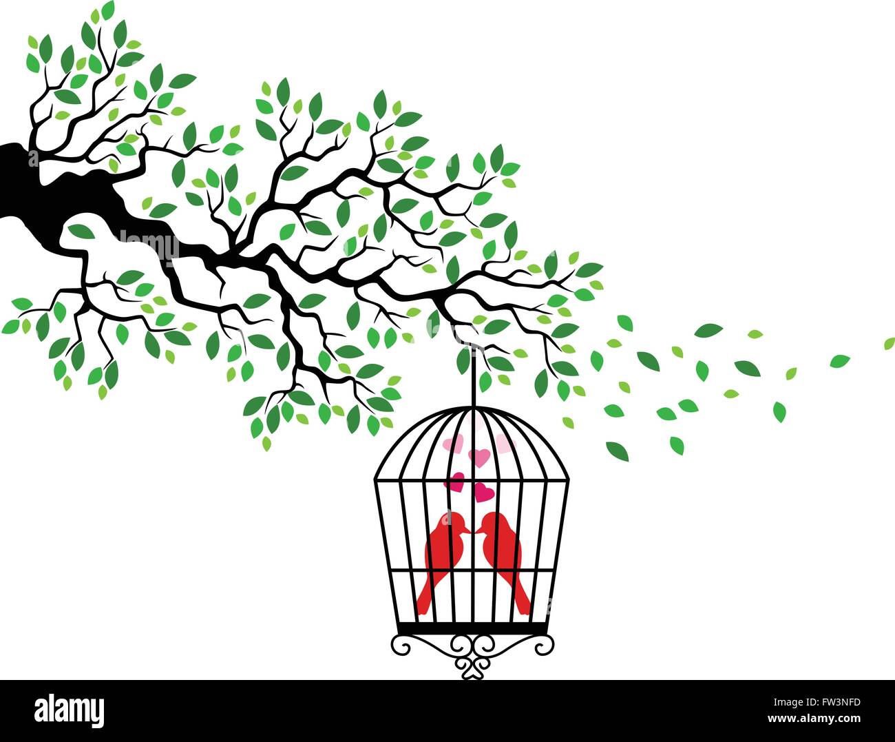 Tree silhouette with bird in a cage Stock Vector