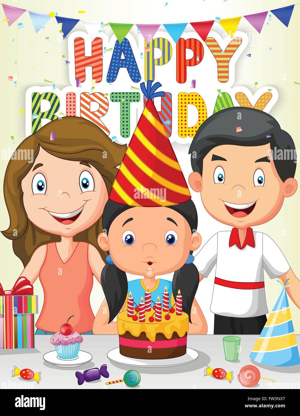 Happy girl blowing birthday candles with his family Stock Vector Image