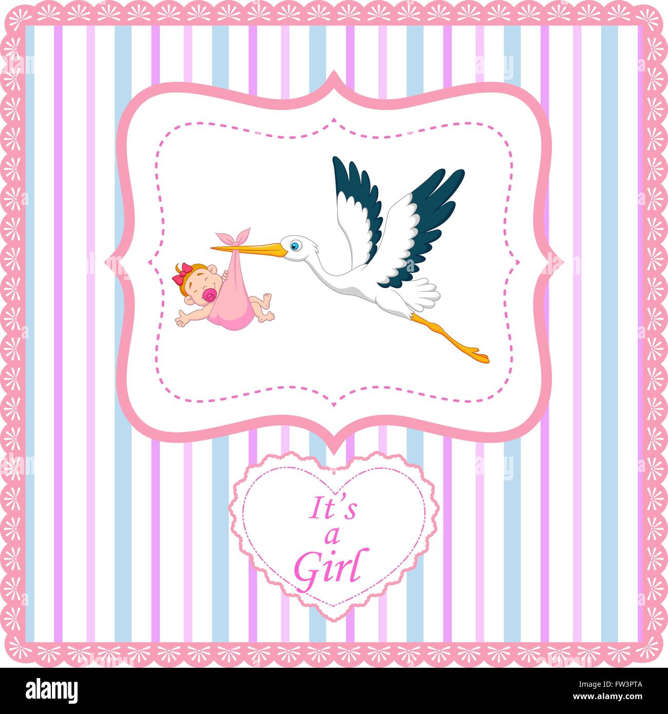 Cartoon stork with baby girl card Stock Vector Image & Art - Alamy