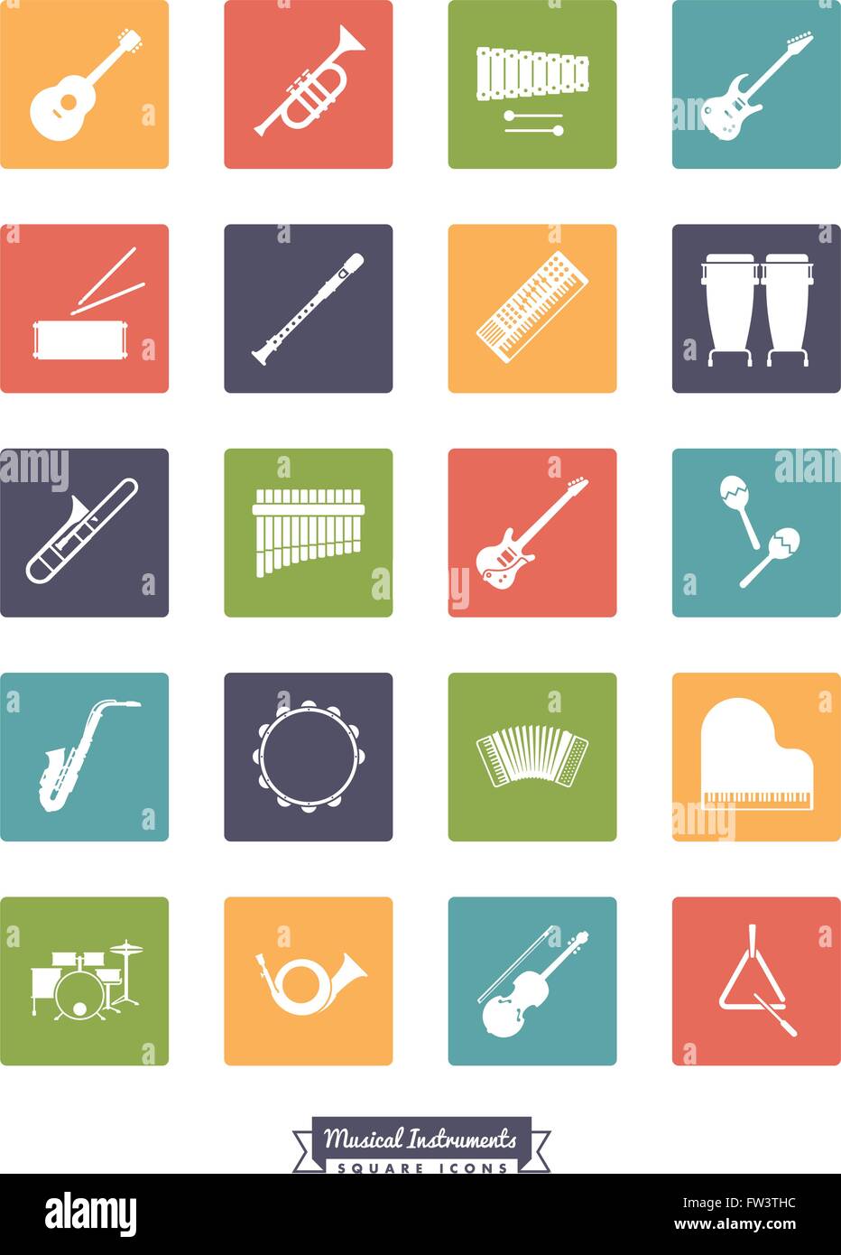Musical Instruments Glyph Icons Set, negative in colored squares Stock ...