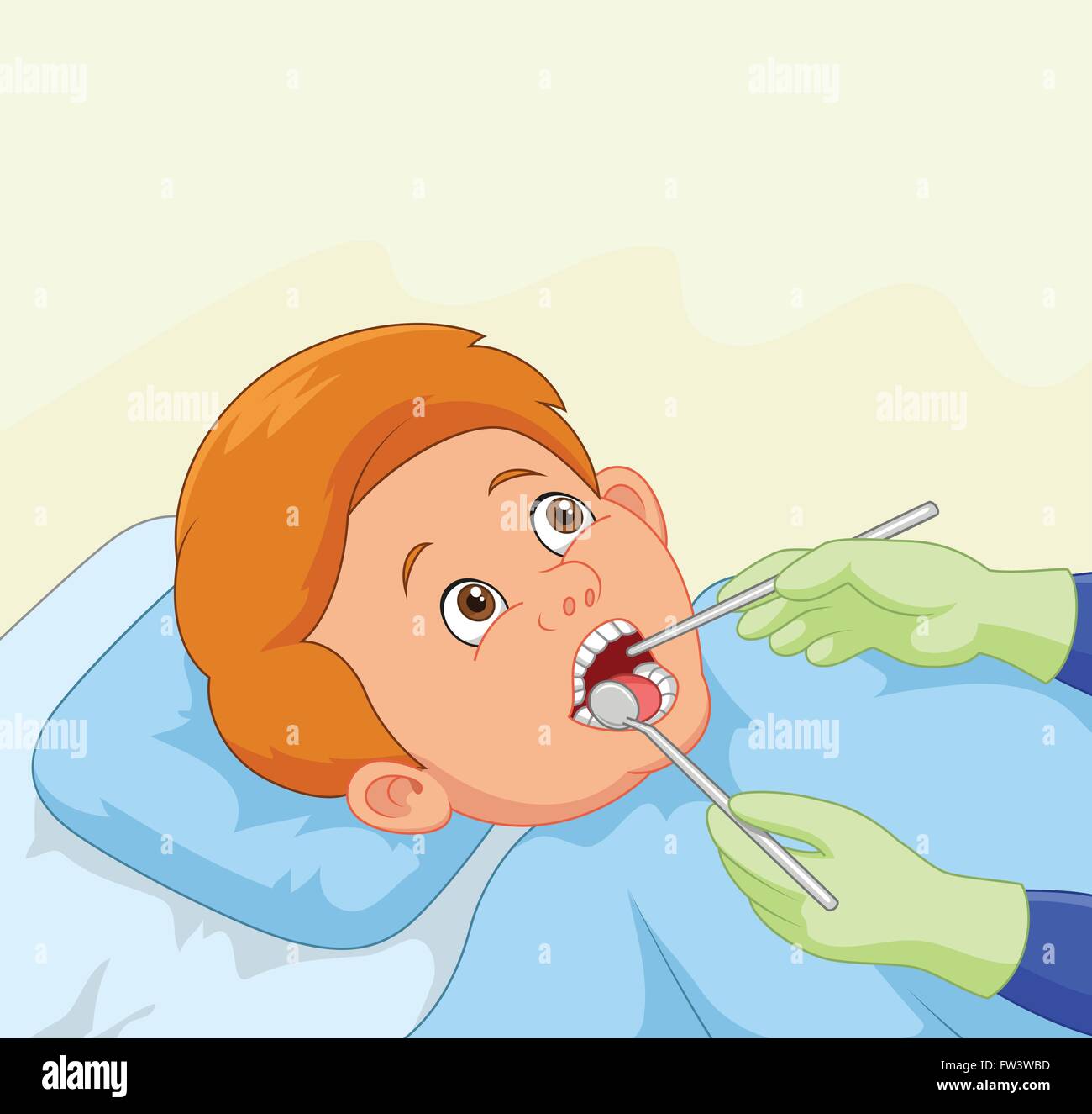 Cartoon little boy having his teeth checked by dentist Stock Vector ...