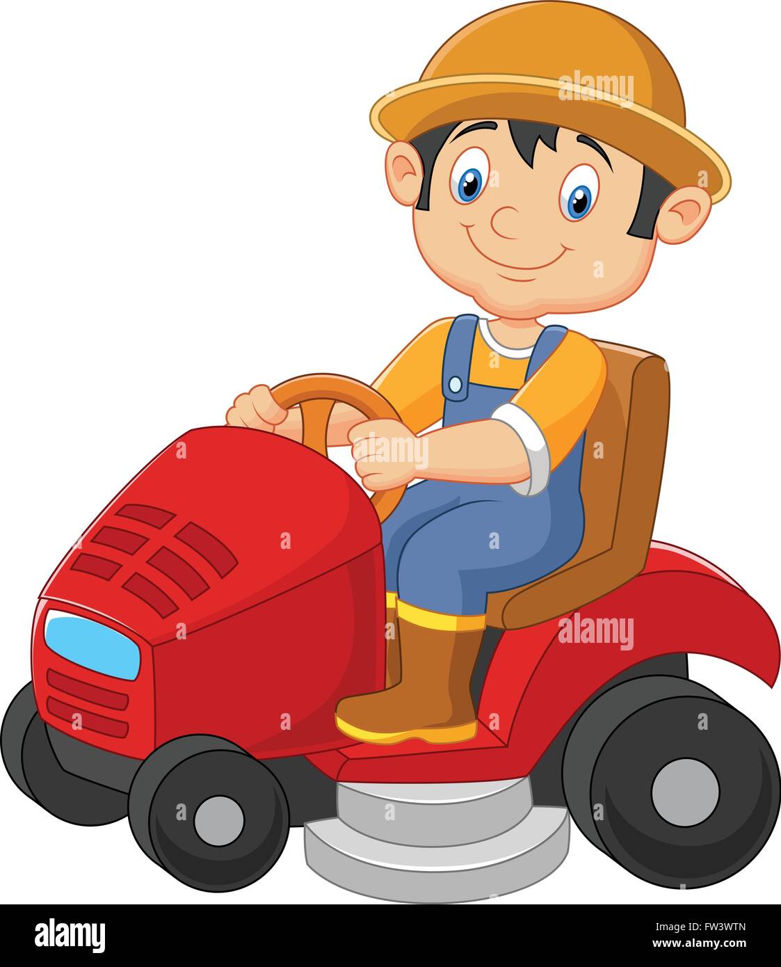 Cartoon Illustration of male gardener riding mowing with ride-on lawn mower Stock Vector
