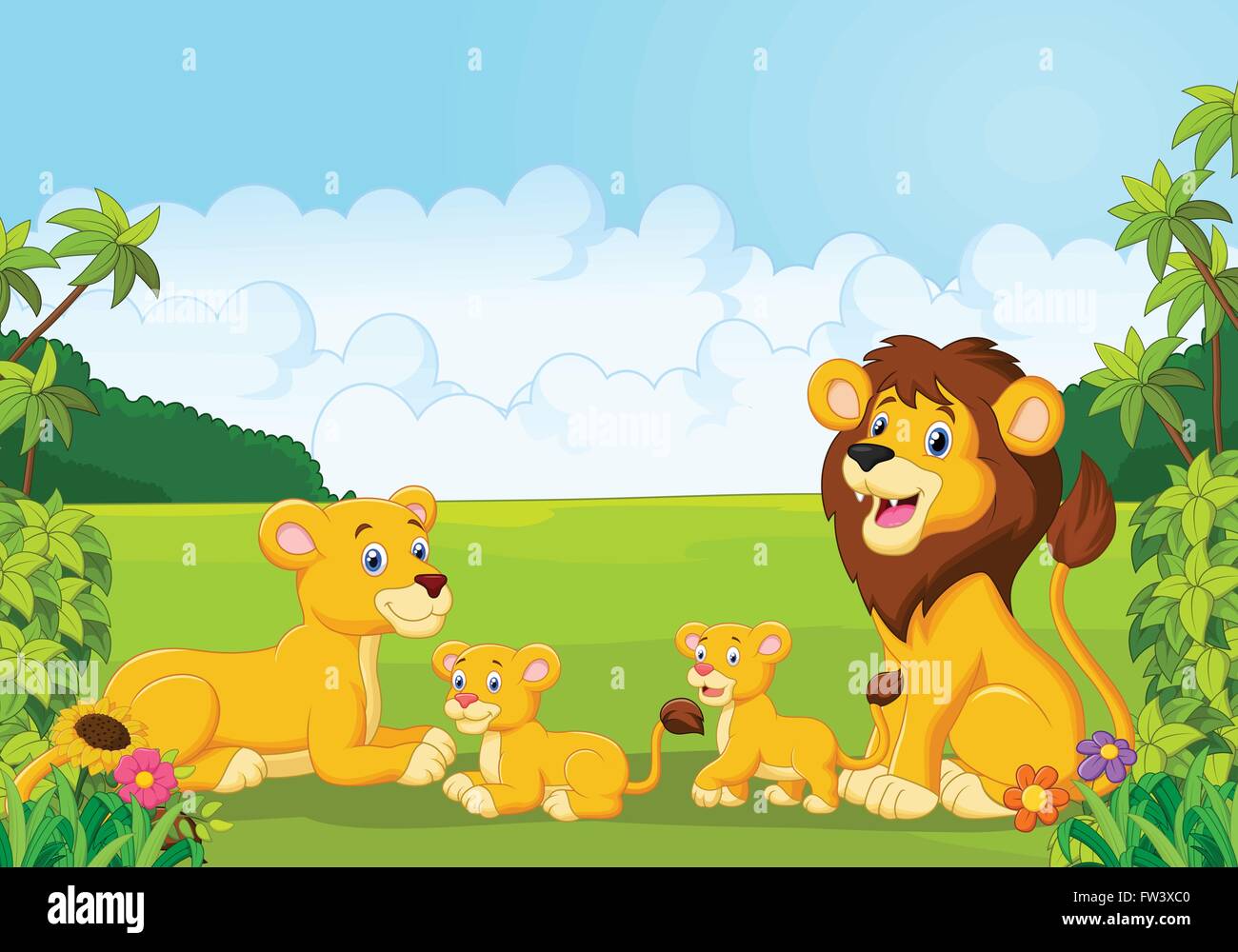 Cartoon happy lion family in the jungle Stock Vector Image & Art - Alamy