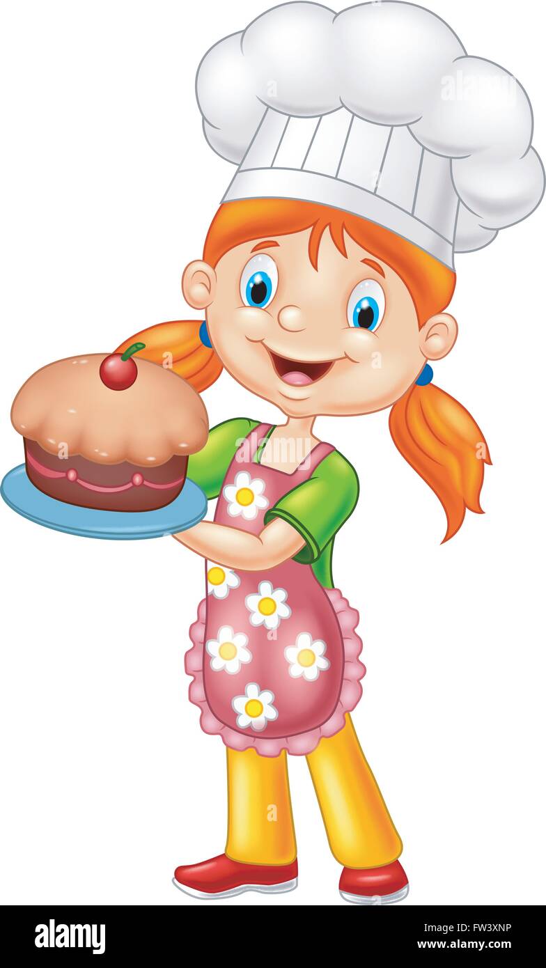 Cartoon little girl holding cake Stock Vector Art & Illustration