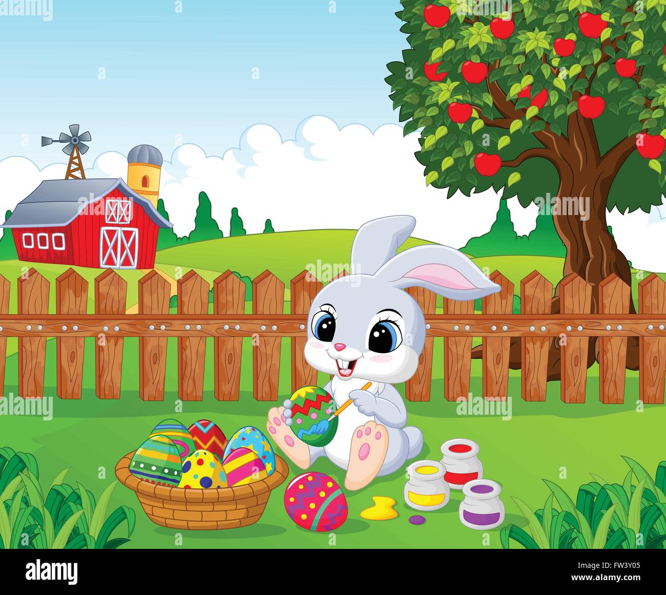 Cute Easter Bunny painting an egg in the garden Stock Vector Image ...