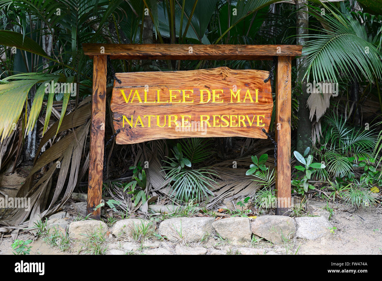 Hinweisschild zum Vallee de Mai, Unnesco Welterbe, Insel Praslin, Seychellen Stock Photo
