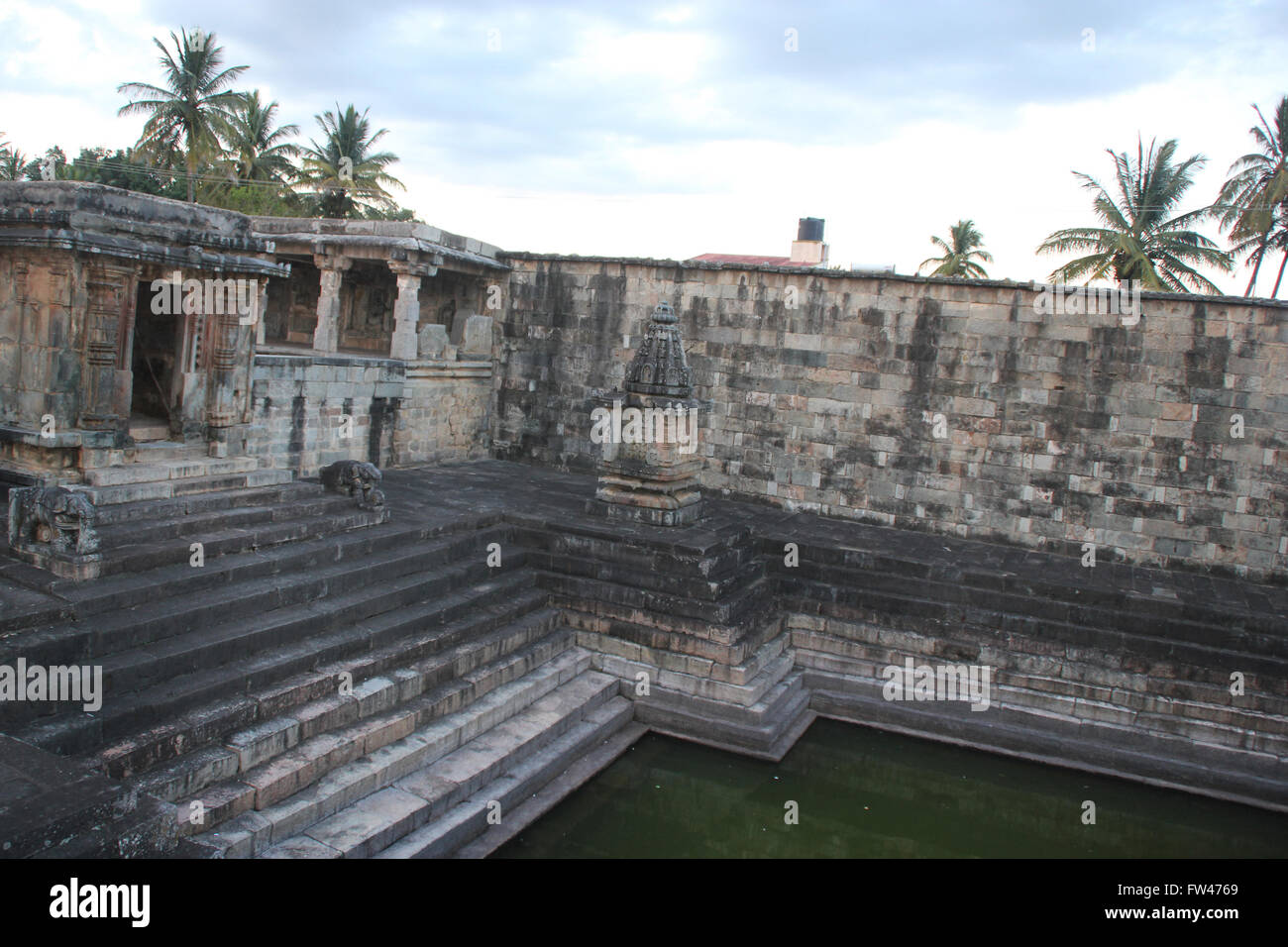Chennakesava Temple Tank in Belur, Karnataka, locally known as Kalyani or pushkarni, with steps for devotees to fetch water Stock Photo