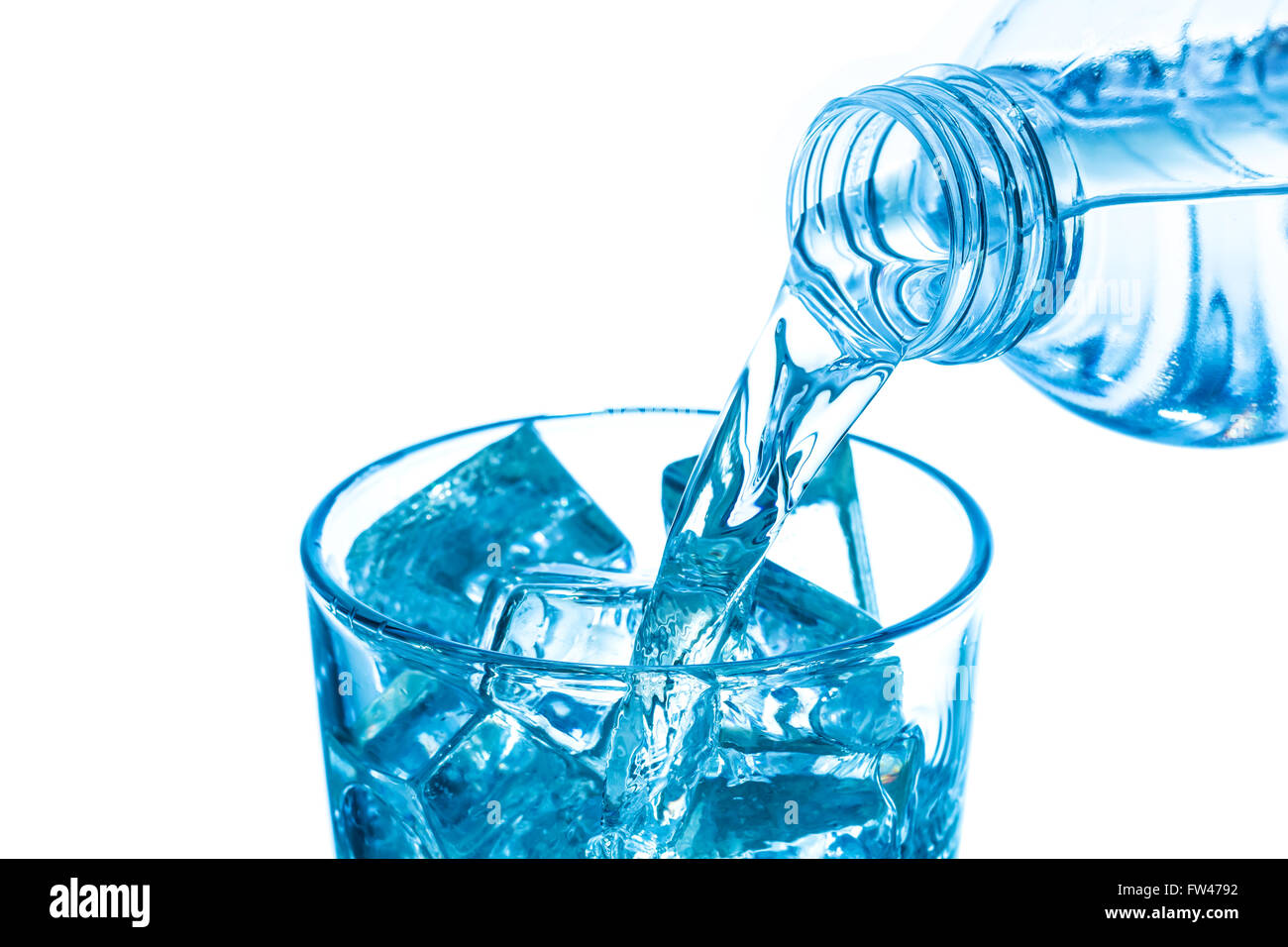 Close up shot photo of Pouring water into a glass with ice on white isolate background