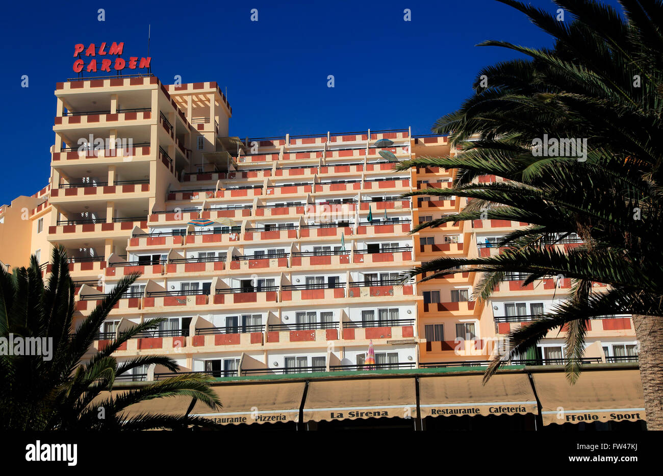 Palm Garden hotel balconies at Solana Matoral, Morro Jable, Jandia peninsula, Fuerteventura, Canary Islands, Spain Stock Photo