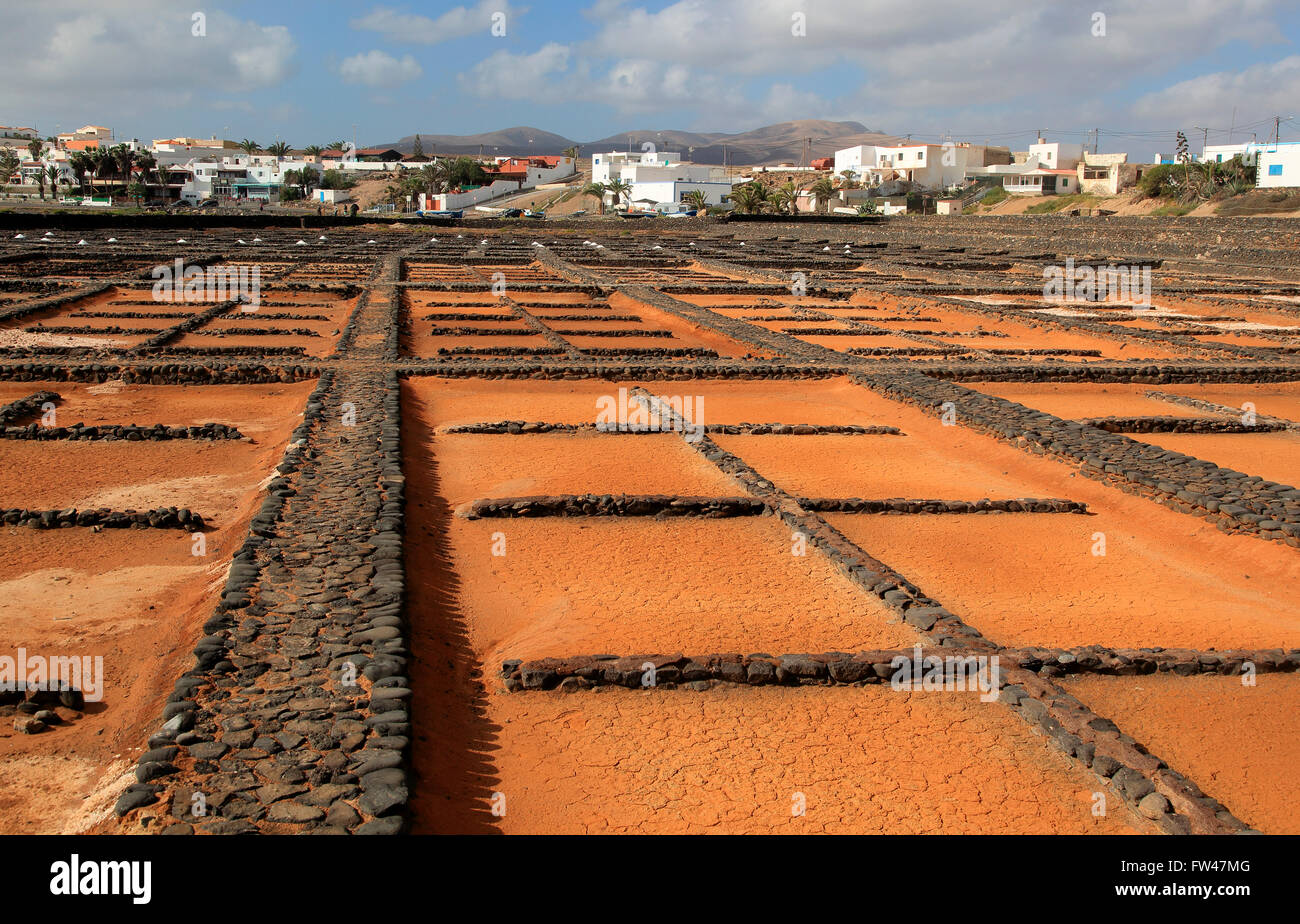 Evaporation of sea water in salt pans, Museo de la Sal, Salt museum, Las Salinas del Carmen, Fuerteventura, Canary Islands Spain Stock Photo
