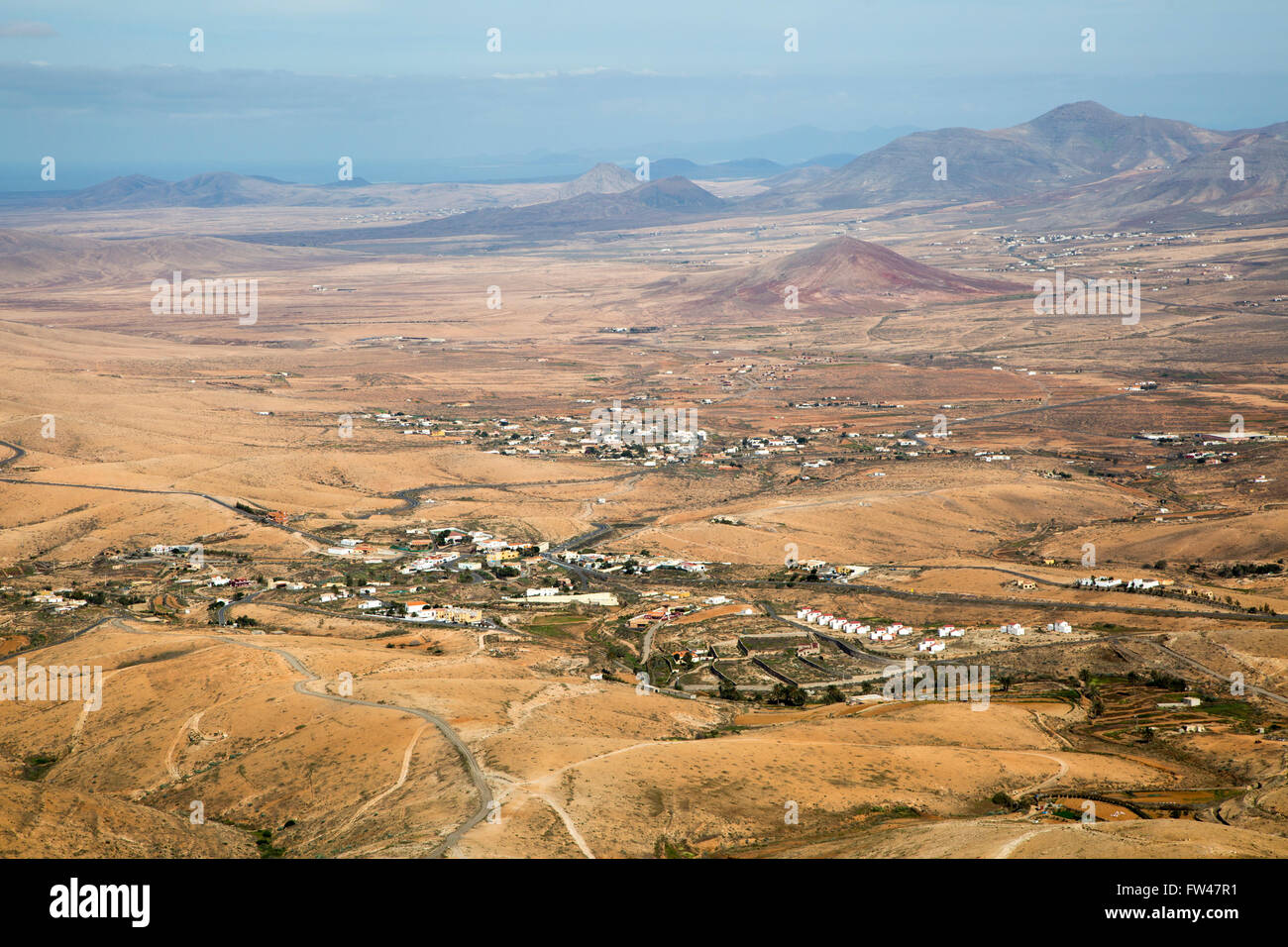 View of land and villages in barren interior of Fuerteventura, Canary Islands, Spain Stock Photo