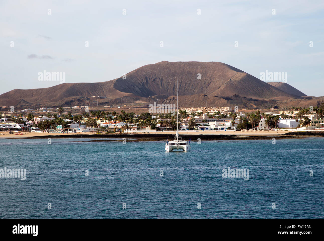 Yacht at moorings in harbour at Corralejo, Fuerteventura, Canary Islands, Spain Stock Photo