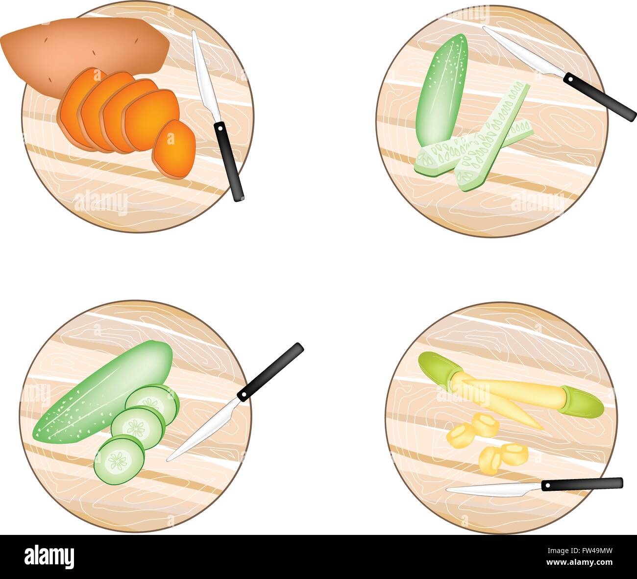 Vegetable, Illustration of Orange Sweet Potatoes, Cucumber and Baby Corns on Wooden Cutting Boards. Stock Vector