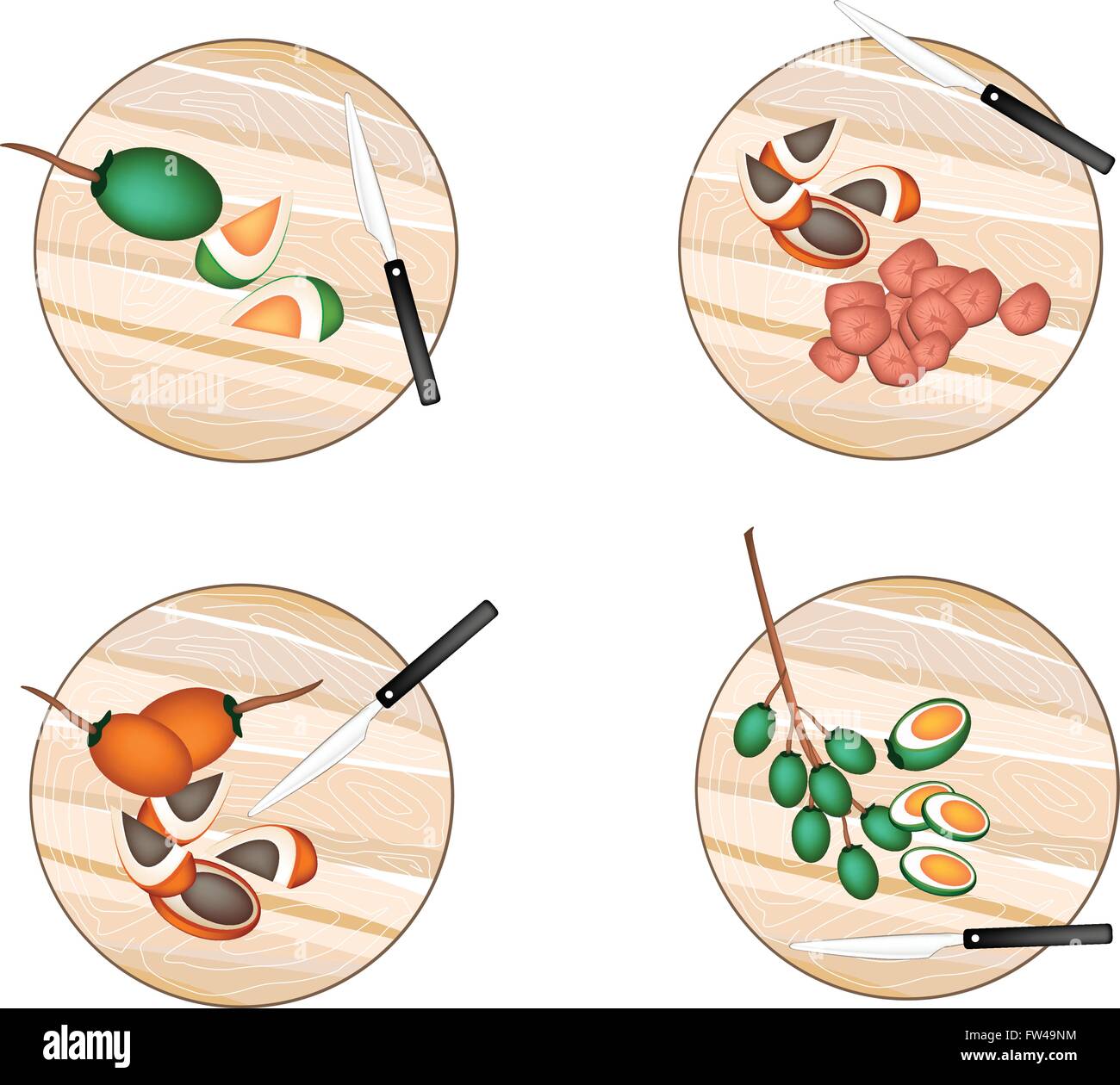 Vegetable and Herb, Illustration Whole and Half Betel Palm Nut or Areca Nut on Wooden Cutting Boards. Stock Vector
