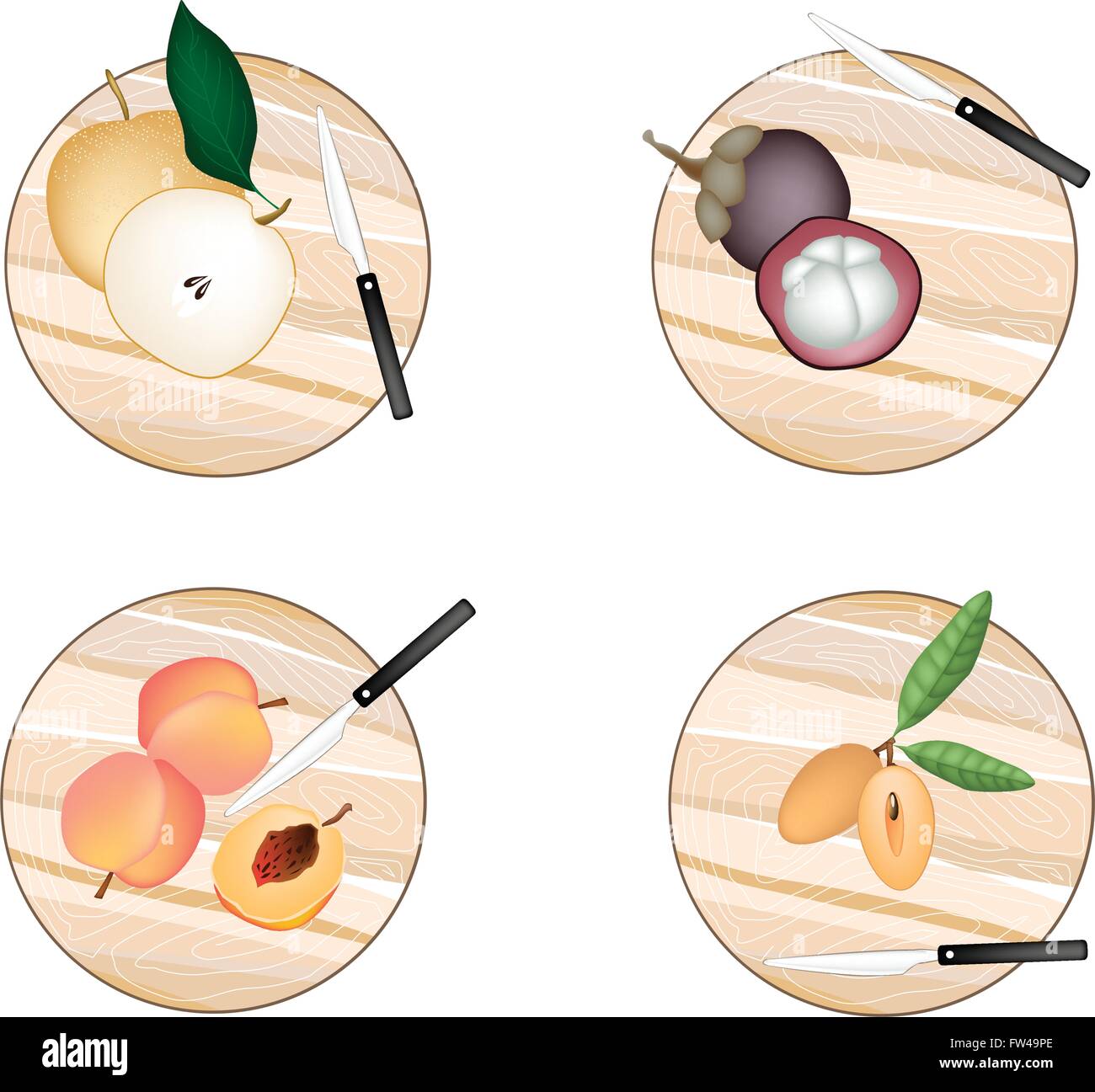 Fresh Fruit, Chinese Pear, Mangosteens, Peach and Sapodilla on Wooden Cutting Boards. Stock Vector