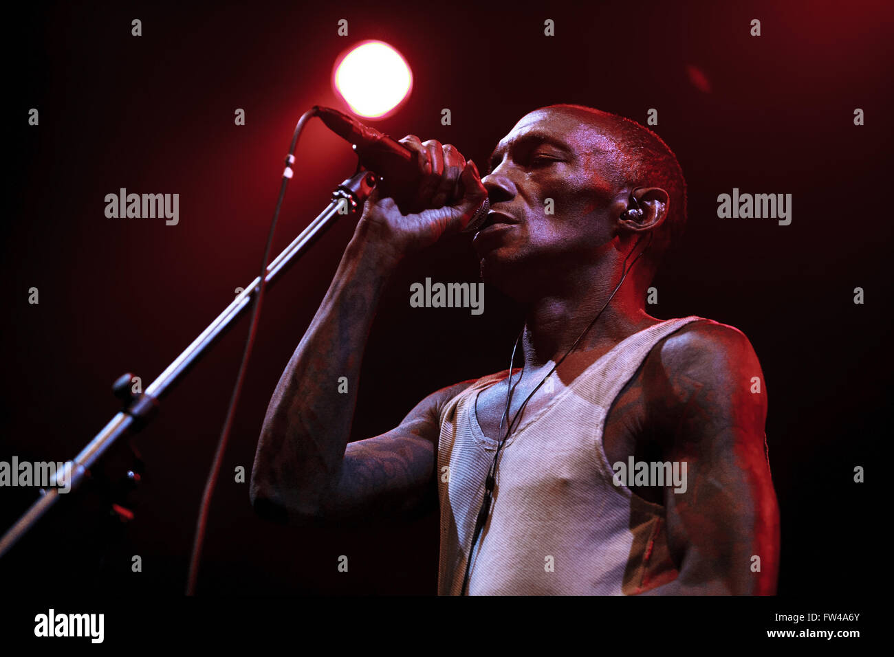 MOSCOW - 30 MARCH, 2016 - Famous trip hop producer and singer Adrrian Thaws known as Tricky presents his album Skilled Mechanics in Russia Stock Photo