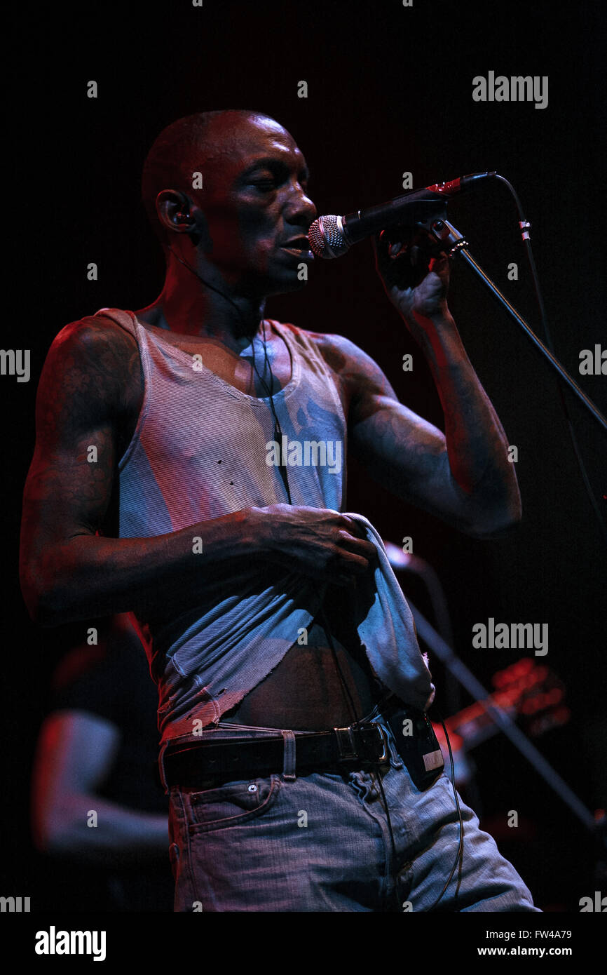 MOSCOW - 30 MARCH, 2016 - Famous trip hop producer and singer Adrrian Thaws known as Tricky presents his album Skilled Mechanics in Russia Stock Photo