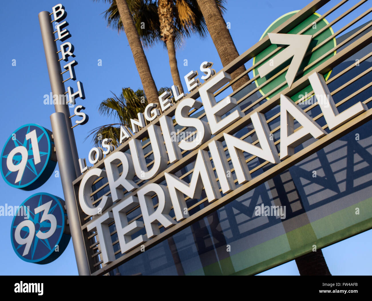 Los Angeles Cruise Terminal sign at the Port of Los Angeles in San Pedro. Stock Photo
