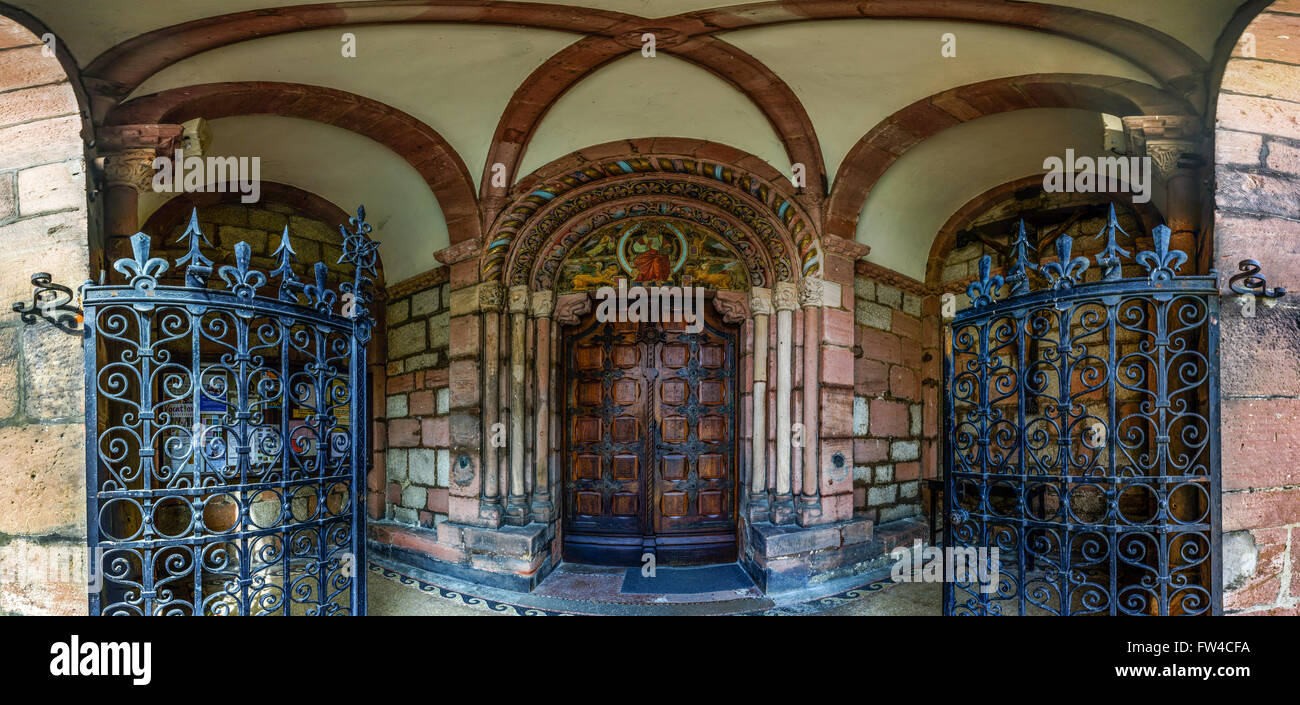 Medieval church gates, panoramic view, Sainte Foy cathedral, Selestat