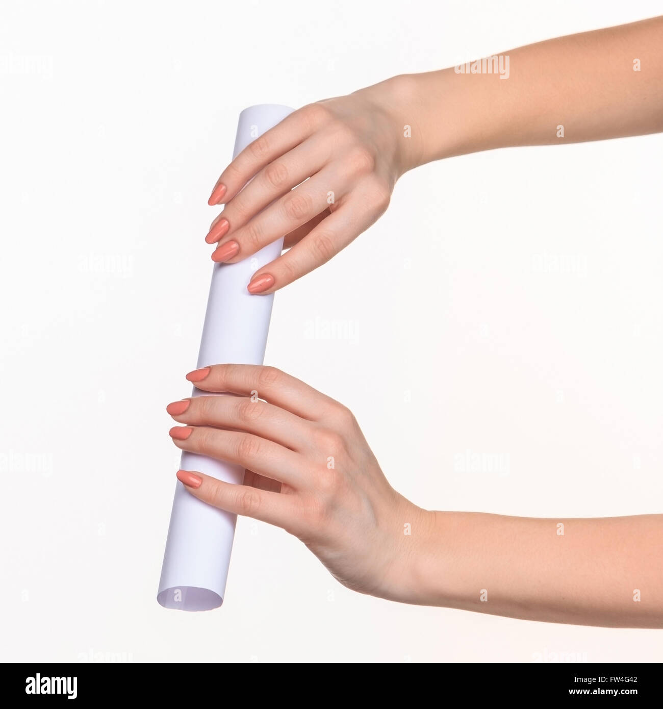 The cylinder female hands on white background Stock Photo