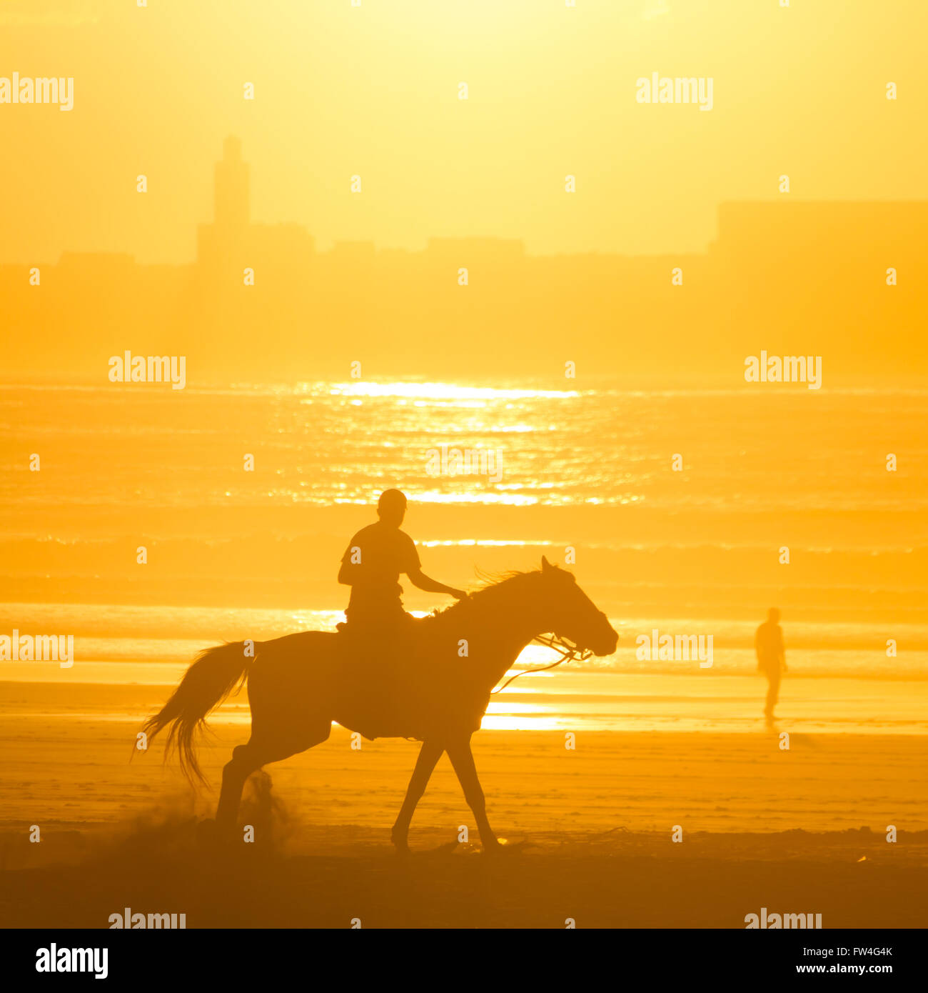 Horse riding on the beach at sunset. Stock Photo